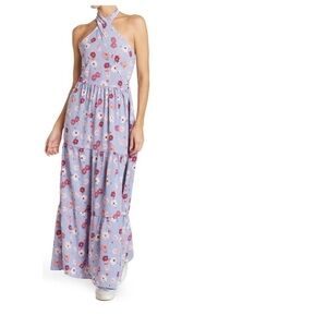 NEW-COTTON Emporium Bluish Purple, NeckTie, Floral, Halter, Maxi Summer Dress LG